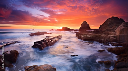 Long exposure of a rocky beach at sunset in Cornwall England UK Europe
