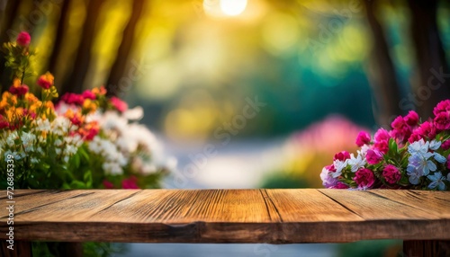 an empty wooden desk tabletop  offering ample copy space. Placed against a backdrop of a vibrant spring and summer blur background   flowers on wooden background