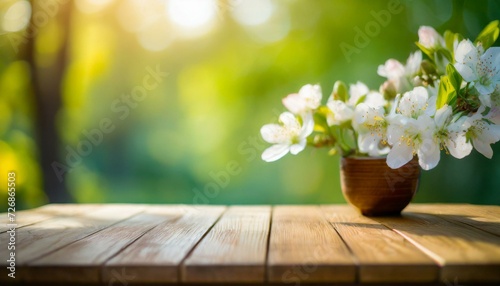 spring flowers on wooden background    the beauty of simplicity with an empty wooden desk tabletop  offering ample copy space. Placed against a backdrop of a vibrant spring and summer blur