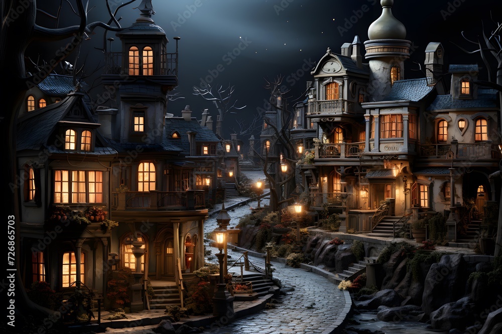Halloween scene with haunted house and moonlight, 3d render
