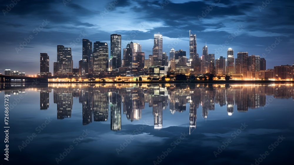 Chicago skyline at night with urban skyscrapers reflected in water.