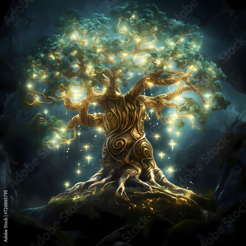 Ancient tree with glowing symbols as leaves.