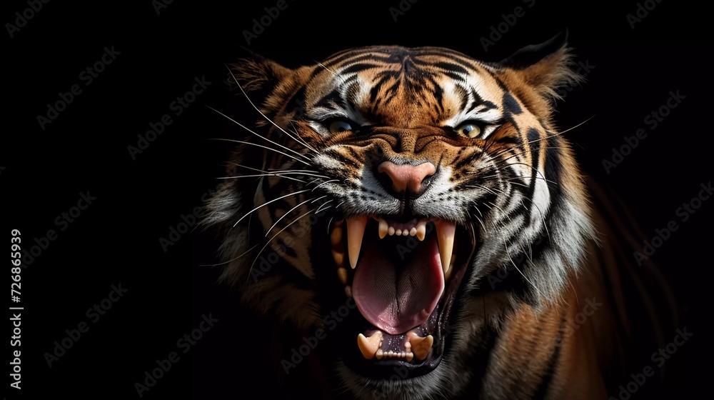 realistic photo Sumatran tiger angry face, angry animal, closeup Sumatran tiger head on white background. generative ai