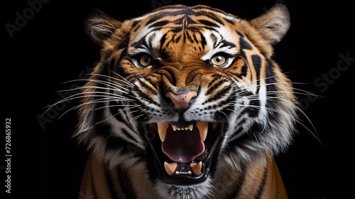 realistic photo Sumatran tiger angry face  angry animal  closeup Sumatran tiger head on white background. generative ai