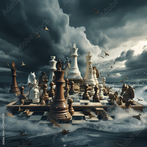 Chess pieces engaged in a battle on a floating board