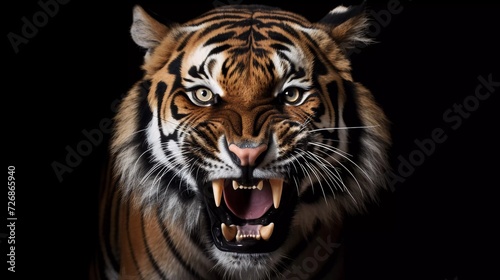 realistic photo Sumatran tiger angry face, angry animal, closeup Sumatran tiger head on white background. generative ai