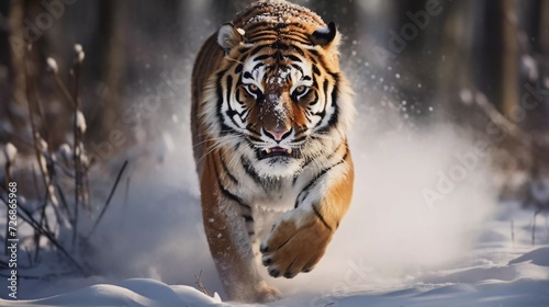 Realistic photo of Siberian Tiger running in the snow. Beautiful, dynamic photo. generative ai