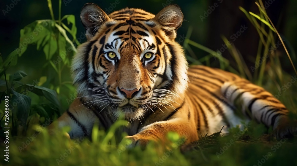 Realistic photo of a Siberian tiger relaxing in the grass. Beautiful, dynamic photo. generative ai