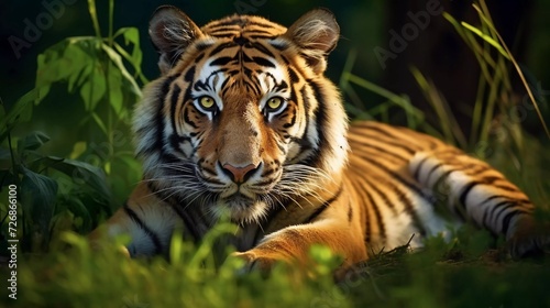 Realistic photo of a Siberian tiger relaxing in the grass. Beautiful, dynamic photo. generative ai