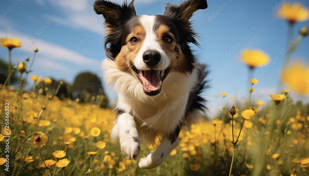 Cute puppy running in the meadow, surrounded by yellow flowers generated by AI Cute puppy running in the meadow, surrounded by yellow flowers generated by AI