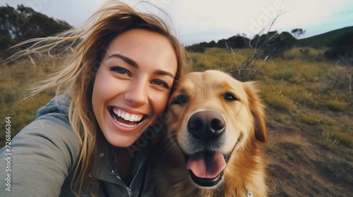realistic photo of beautiful excited woman taking selfie with her happy dog, posing looking at the camera. generative ai