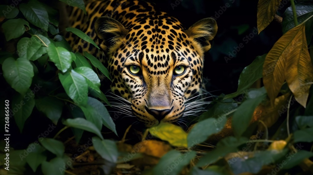 realistic photo A leopard hiding in the leaves in the forest shows its face with emphasis on its eyes. Dramatic feeling. generative ai realistic photo A leopard hiding in the leaves in the forest shows its face with emphasis on its eyes. Dramatic feeling. generative ai