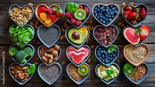 Heart-shaped dishes filled with a variety of superfoods  including fruits  nuts  and seeds  on a wooden background for healthy living.