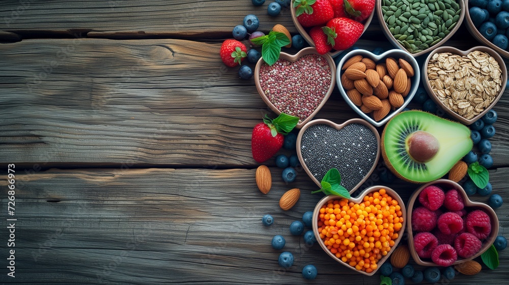 Heart-shaped dishes filled with a variety of superfoods, including fruits, nuts, and seeds, on a wooden background for healthy living. Heart-shaped dishes filled with a variety of superfoods, including fruits, nuts, and seeds, on a wooden background for healthy living.