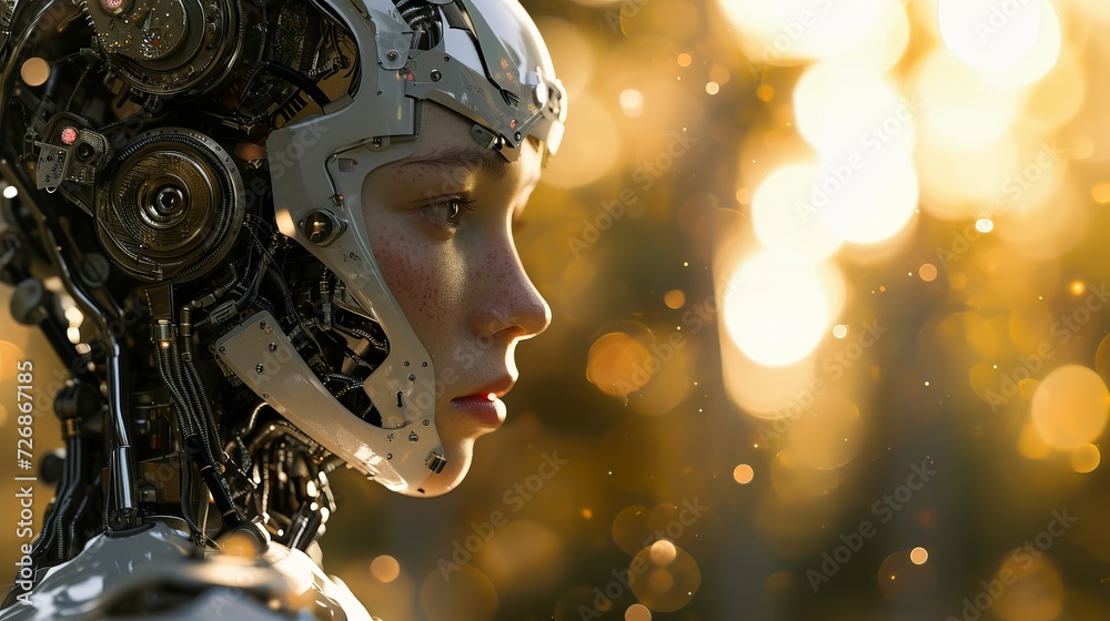 Detailed View of Complex Mechanical Parts Of A Robotic Women's Face with Bokeh Light Background Detailed View of Complex Mechanical Parts Of A Robotic Women's Face with Bokeh Light Background