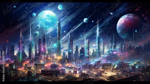 Futuristic city at night with full moon and stars. Vector illustration © A