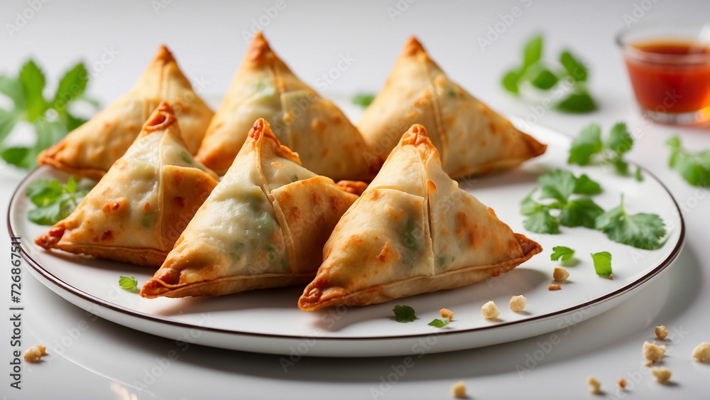 Samosa Color Image of your chicken samosas elegantly plated on a white background ...