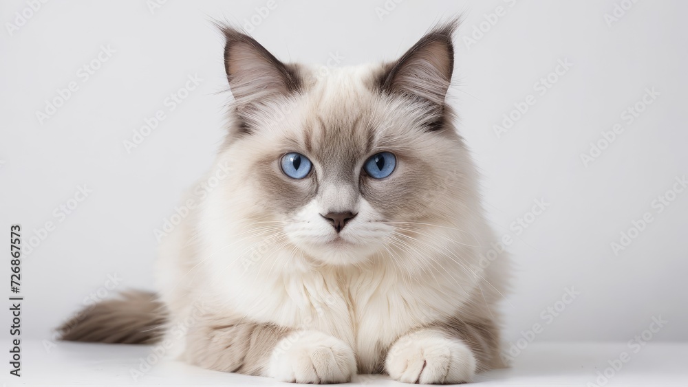 Portrait of Blue point ragdoll cat on grey background