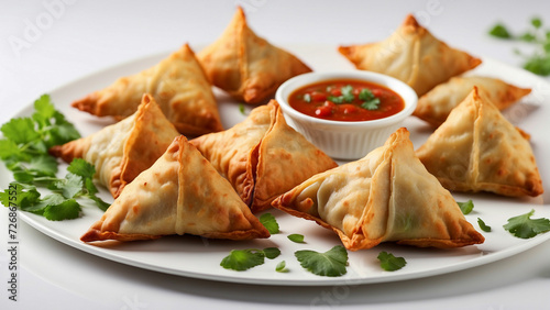 Image of your chicken samosas elegantly plated on a white background with use lighting to emphasize the appetizing colors and textures, making the viewer crave a taste of these mouthwatering treats