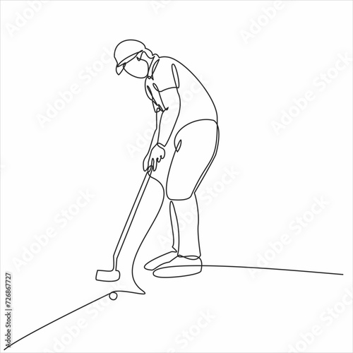 A single line drawing of a sporty young golfer hitting the ball using a golf club vector graphic illustration. Healthy exercise concept. Modern continuous line drawing design for golf tournament poste