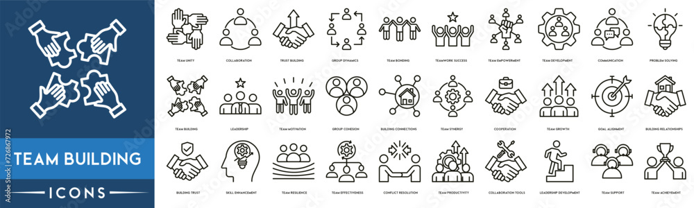 Team Building icon set. Included the icons as Collaboration, Building, Team Bonding, Teamwork, Empowerment, Communication, Problem Solving, Leadership and Motivation