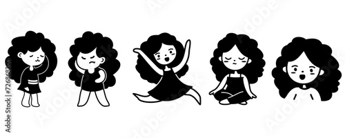 Set black cute girl cartoon character icon vector design
