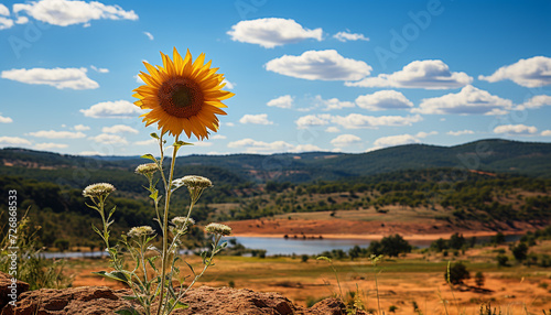 Tranquil meadow, sunflower blossom, blue sky, nature beauty in summer generated by AI