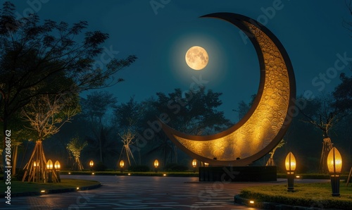 crescent moon monument in city park - ramadan background photo