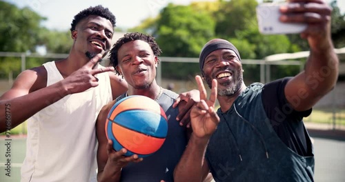 Basketball court, people and selfie for sport, outdoor and happy with peace sign for post on web blog. Men, athlete group or team with photography, memory and profile picture on app for social media photo