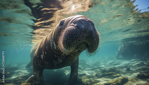 Majestic sea lion swimming underwater, exploring natural beauty generated by AI