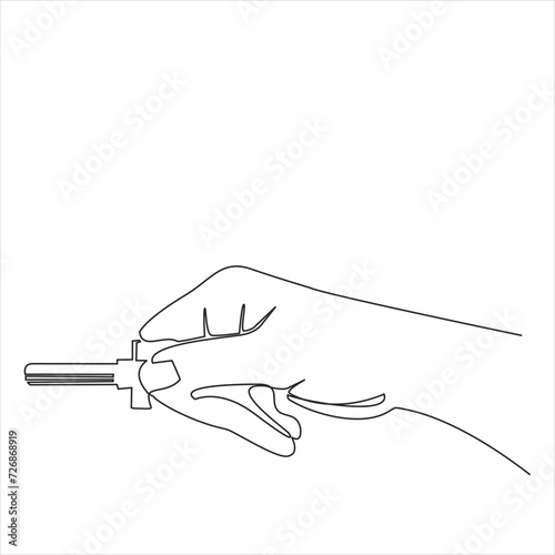 Continuous line drawing. Hand holding car or apartment keys. Black lines on a white background.