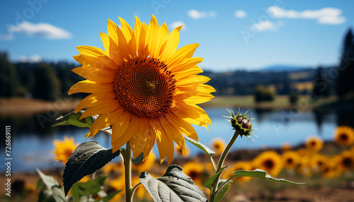 Sunflower, yellow beauty in nature, outdoors, summer meadow, green leaf generated by AI