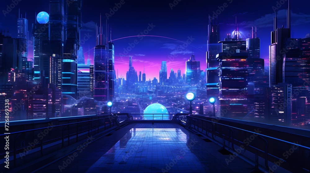 Night view of the city from the bridge. Panoramic illustration