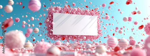 Ethereal Elegance: A Mesmerizing Illusion of Levitating Picture Frame Amidst a Sea of Pink and White Spheres photo