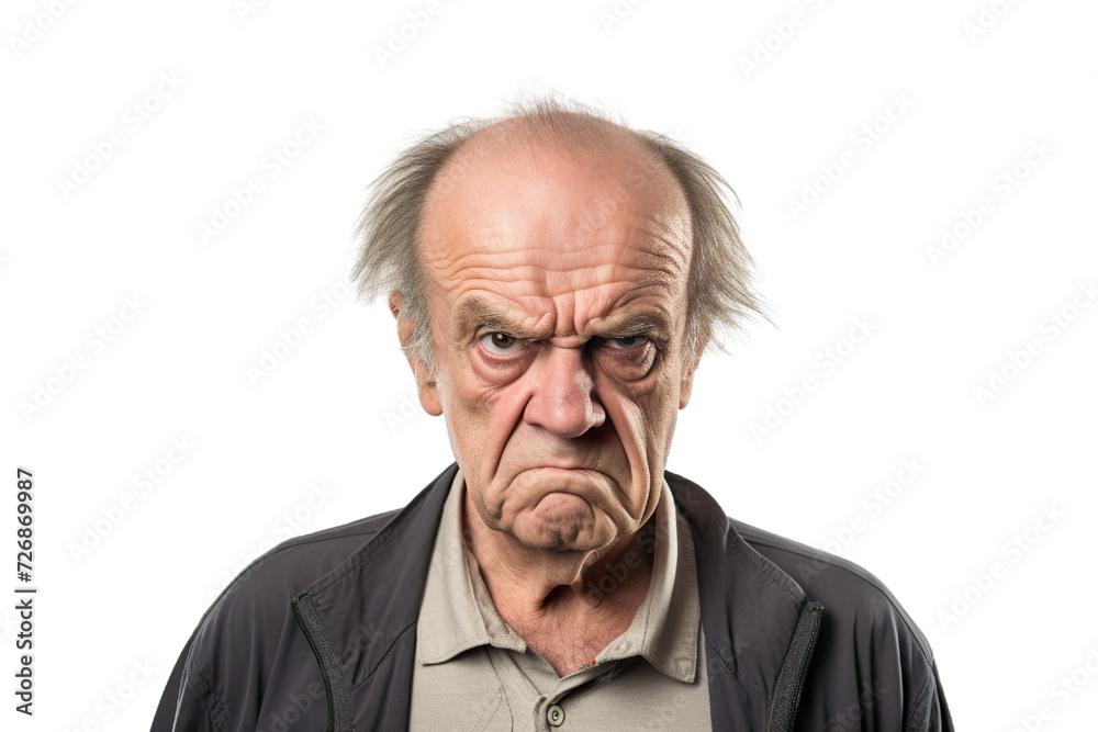 Angry belligerent senior man looking at the camera white background copy space