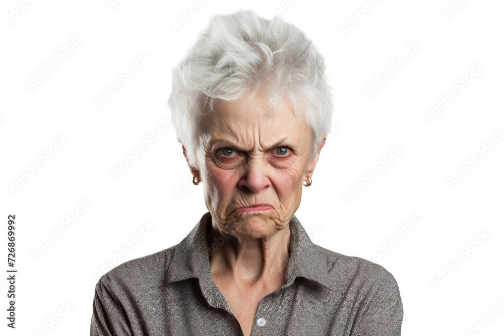 Angry belligerent senior woman looking at the camera white background PNG Angry belligerent senior woman looking at the camera white background PNG