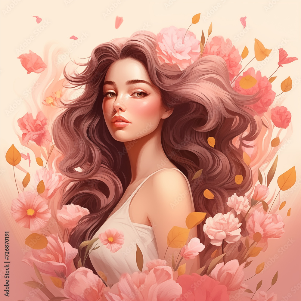 Illustration of a beautiful woman with flower decoration, suitable for women's day themes.