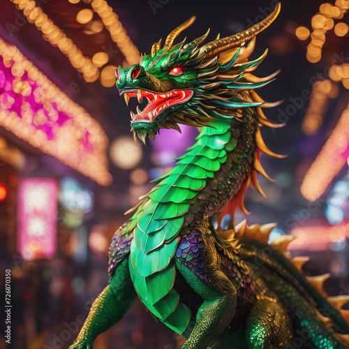 A large green dragon with horns as a symbol of 2024, red open mouth, on the background of neon city advertising, 3D