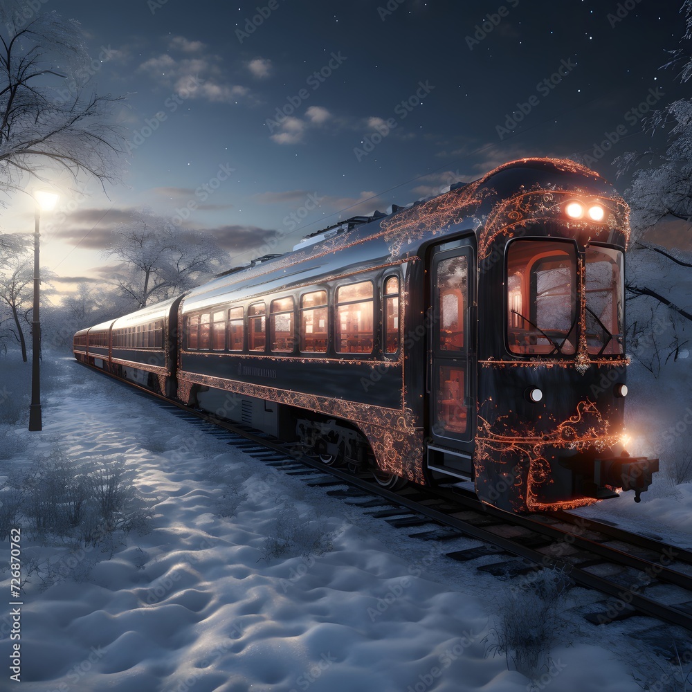 Train on the railway in the winter at night. 3d rendering