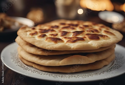 Close Turkish Bread Homemade Ramadan Pita Table photo