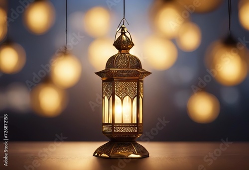 Muslim glittering Ramadan Festive background empty lights golden Greeting card table month bokeh community Kareem Ornamental Arabic holy blurred lantern shaped space star