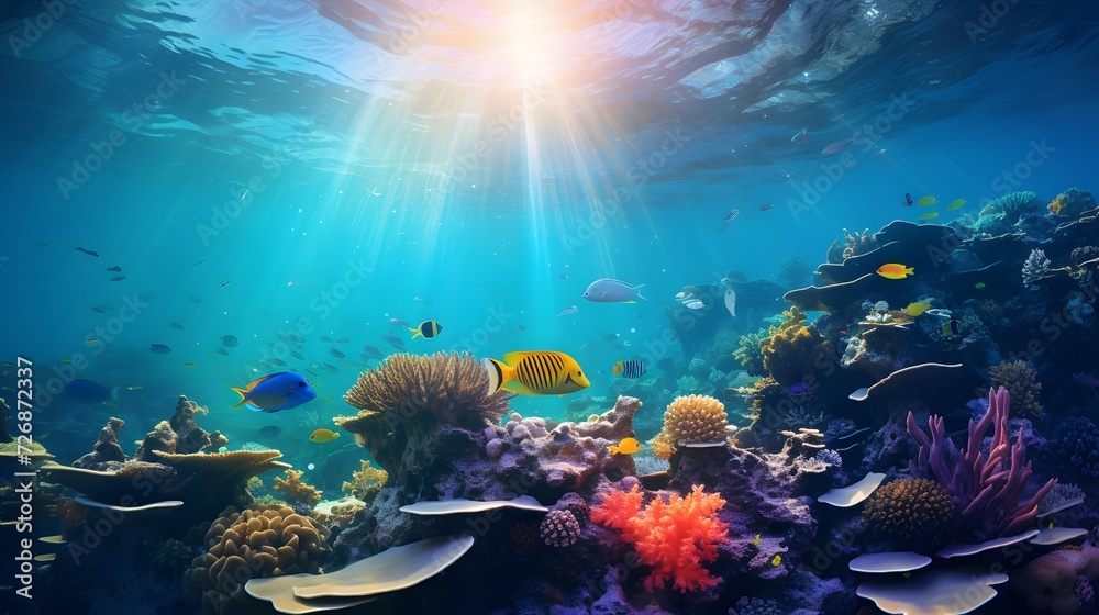 Underwater panorama of coral reef with fishes and tropical fish. Underwater world.