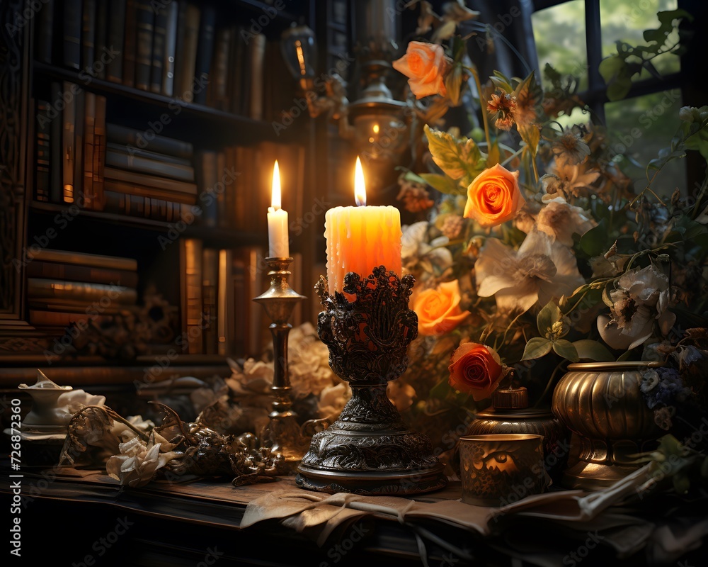 Vintage bookshelf with books, candles and flowers in dark room