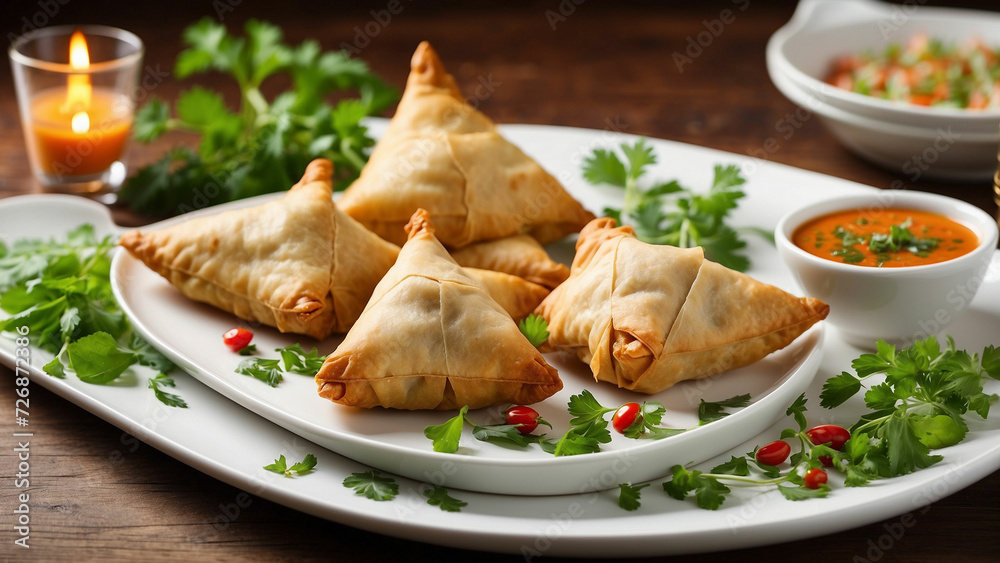 chicken samosas on a white plate include elements like fresh herbs, dipping sauces, or garnishes to enhance the visual appeal and convey the delightful dining experience that awaits those who indulge 