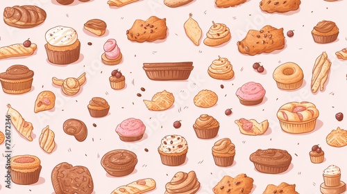 Seamless pattern with hand drawn pastries. Vector illustration.