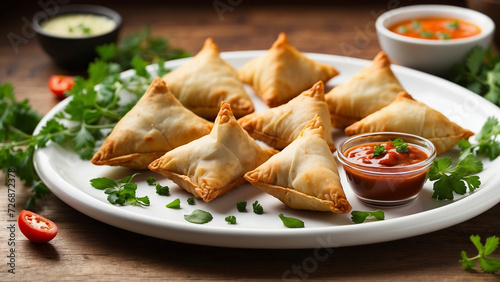 chicken samosas on a white plate include elements like fresh herbs, dipping sauces, or garnishes to enhance the visual appeal and convey the delightful dining experience that awaits those who indulge 