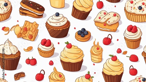 Seamless pattern with cupcakes, muffins and other desserts.