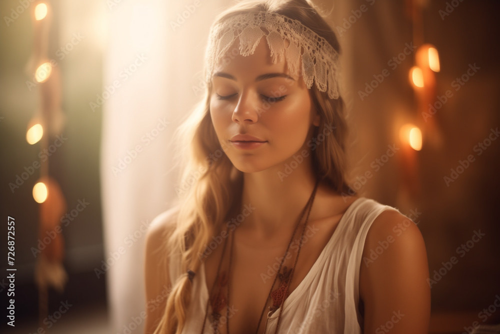 Serene bohemian style woman with closed eyes in softly lit room Serene bohemian style woman with closed eyes in softly lit room