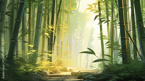 Green bamboo forest in the morning. Panoramic landscape. 3d illustration