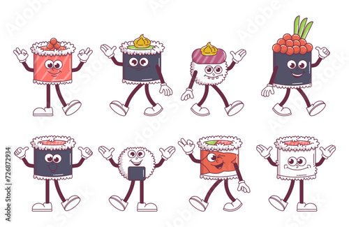 Vintage Japanese food characters set Sushi. Rolls, filadelfia, onigiri and more groovy style. Cartoon design stickers seafood for bar, restaurant. Retro vector illustration.